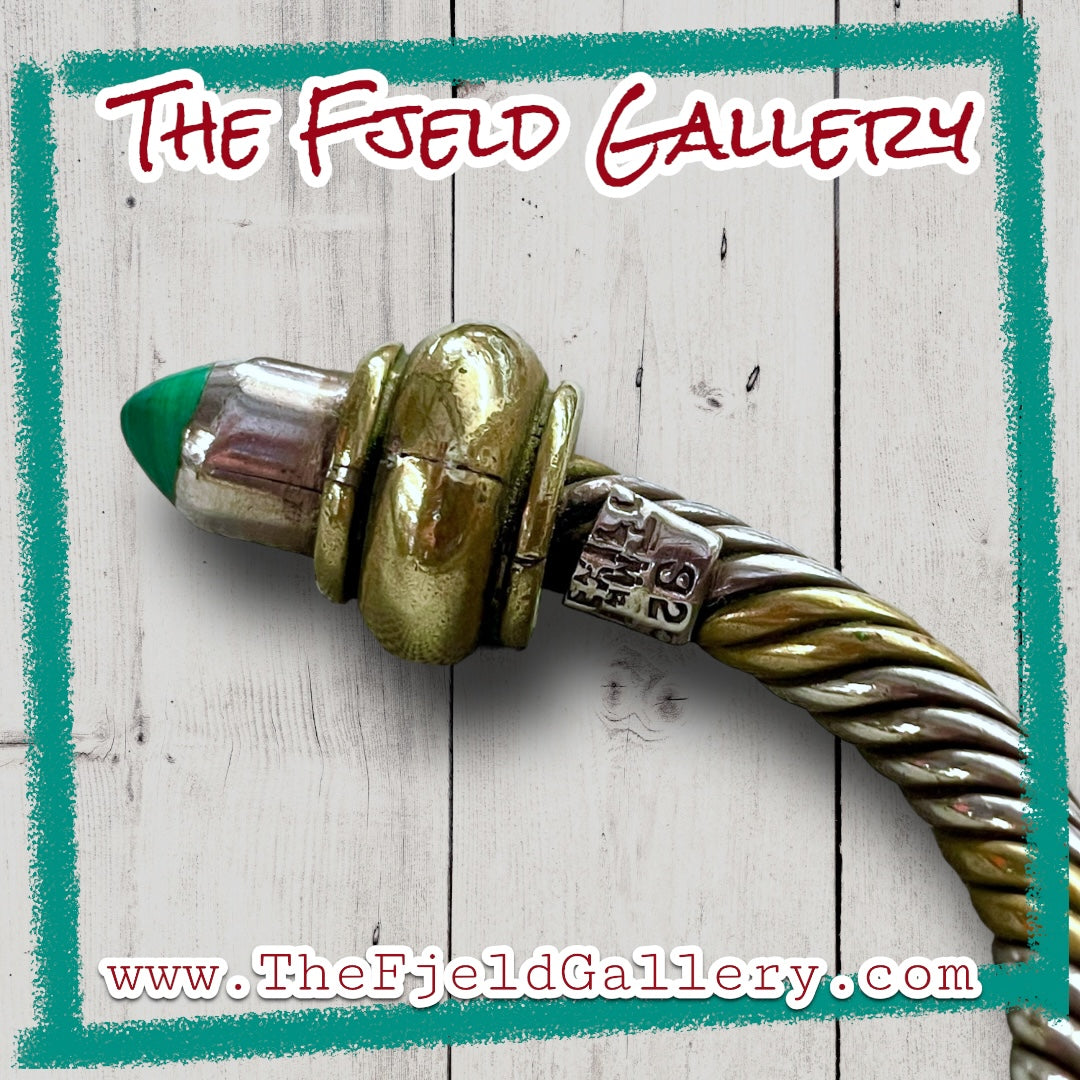 Malachite Taxco Sterling Silver & Brass Twisted Cable Cuff Bracelet