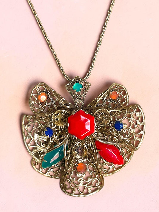 Czechoslovakian Red, Blue, Green & Orange Faceted Art Glass Brass Filigree Necklace