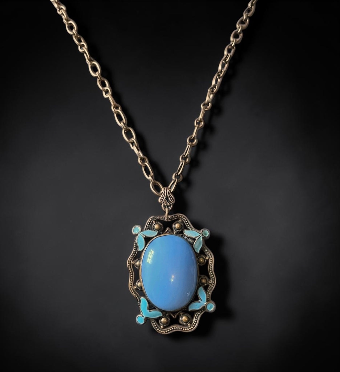 Czech Brass Filigree Nieger Brothers Blue art Glass & Enamel Necklace