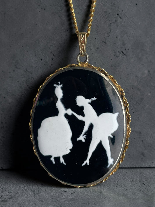 Incredible Victorian Black & White Porcelain Courting Couple Locket Necklace
