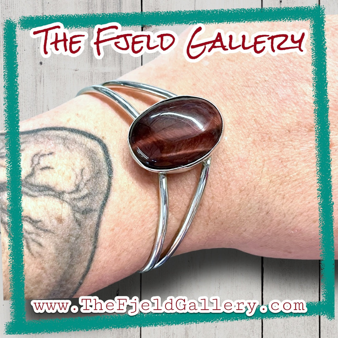Tigers Eye Gemstone Sterling Silver Chevron Cuff Bracelet