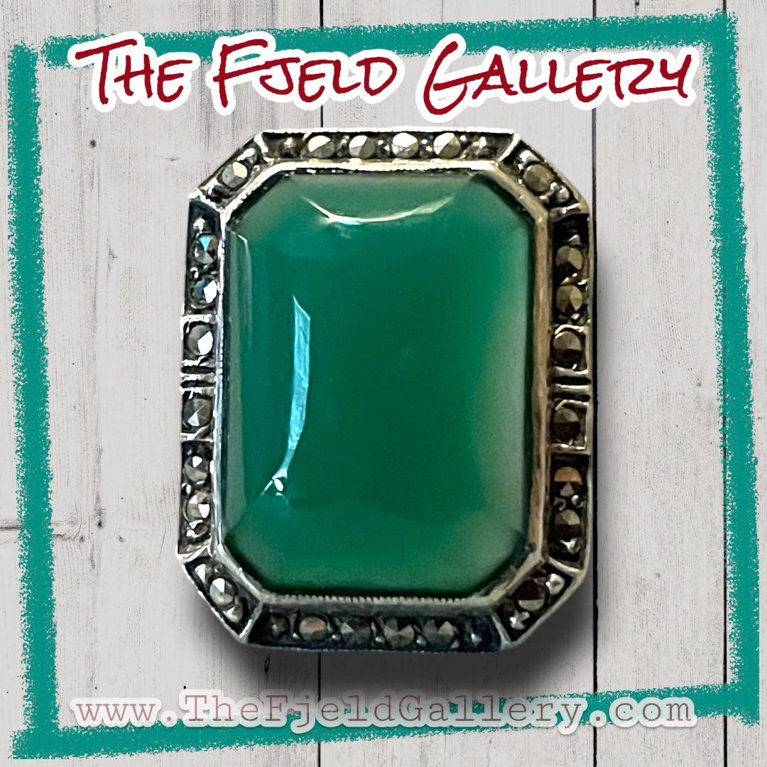 Art Deco Chrysoprase Sterling Silver Marcasite Square Ring