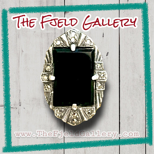 Onyx Faceted Rectangle Prong Set Art Deco Sterling Silver Marcasite Ring