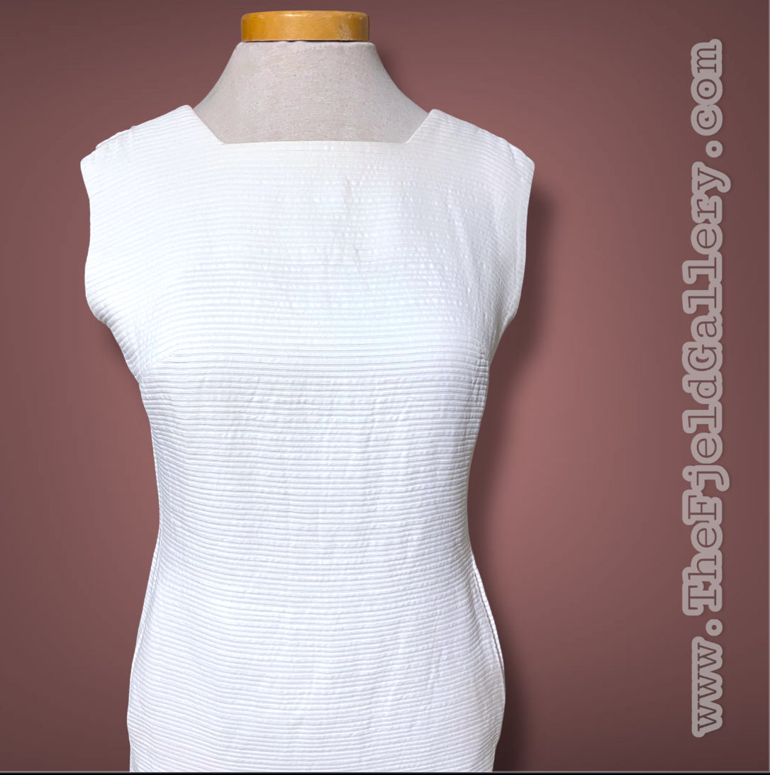 1960’s White Ribbed Texture Square Neck Pockets Sheath Dress