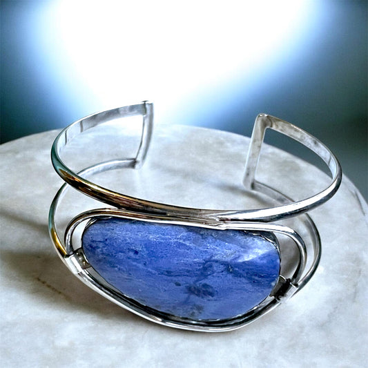 Antique Sterling Silver Sodalite Gemstone Free Bezel Set Chunky Cuff Bracelet