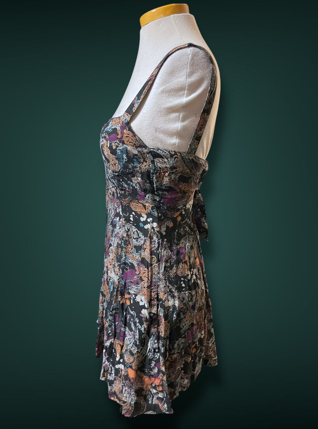 1990’s Black & White Paisley Print w Purple, Teal & Rust Bleach Splash Sundress