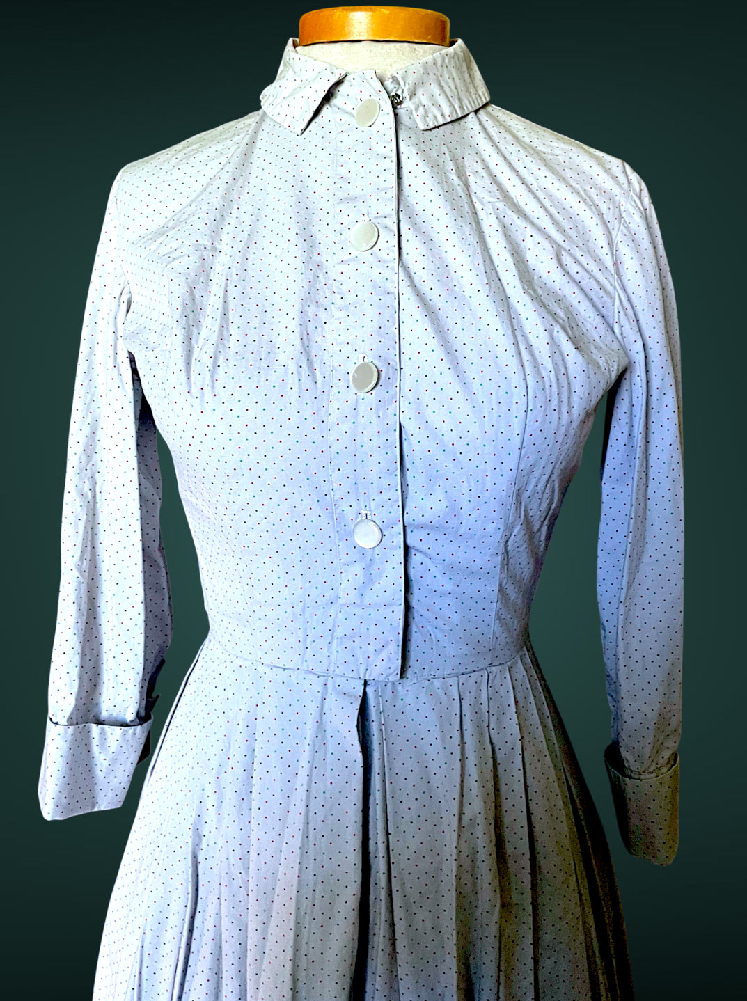 1960 A-Line Red, Blue & Green Polka Dot Button up Shirt Full Skirt Pocket Dress