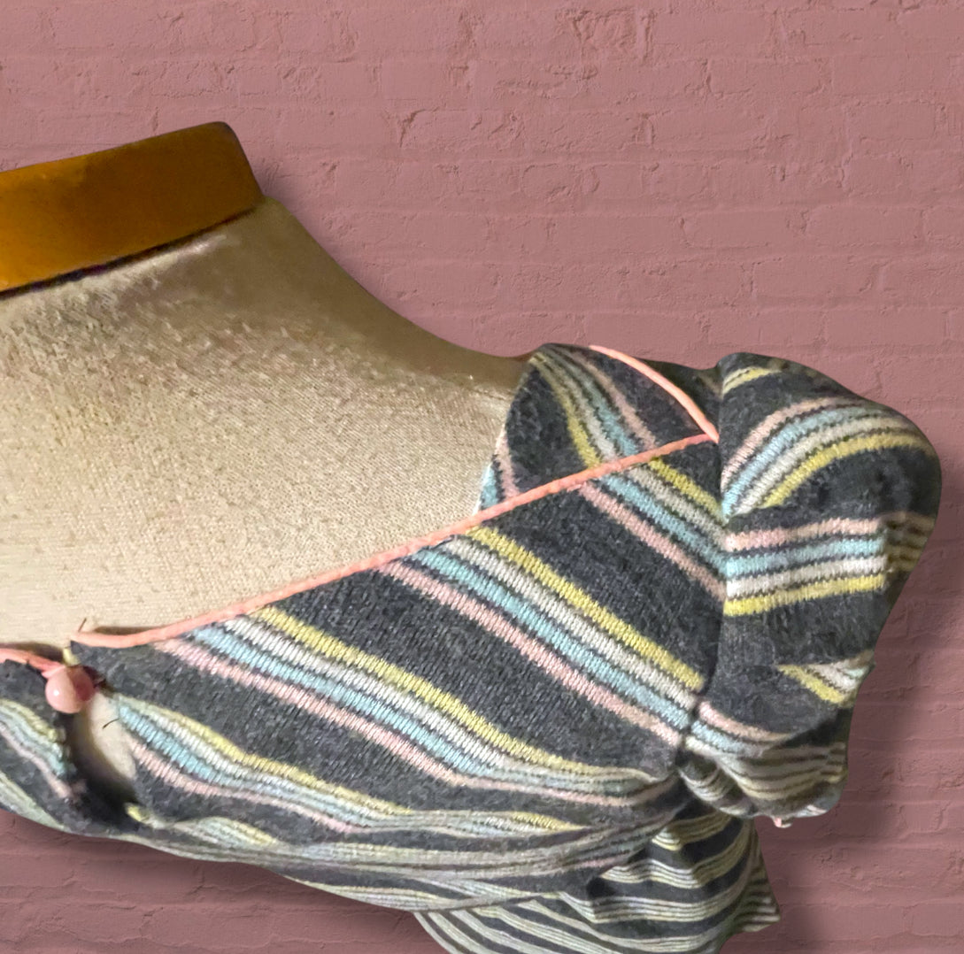Vintage 1980’s Knit Grey & Pastel Pink, Blue, & Yellow Striped Dress