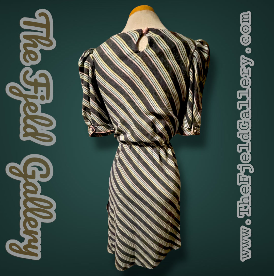 Vintage 1980’s Knit Grey & Pastel Pink, Blue, & Yellow Striped Dress