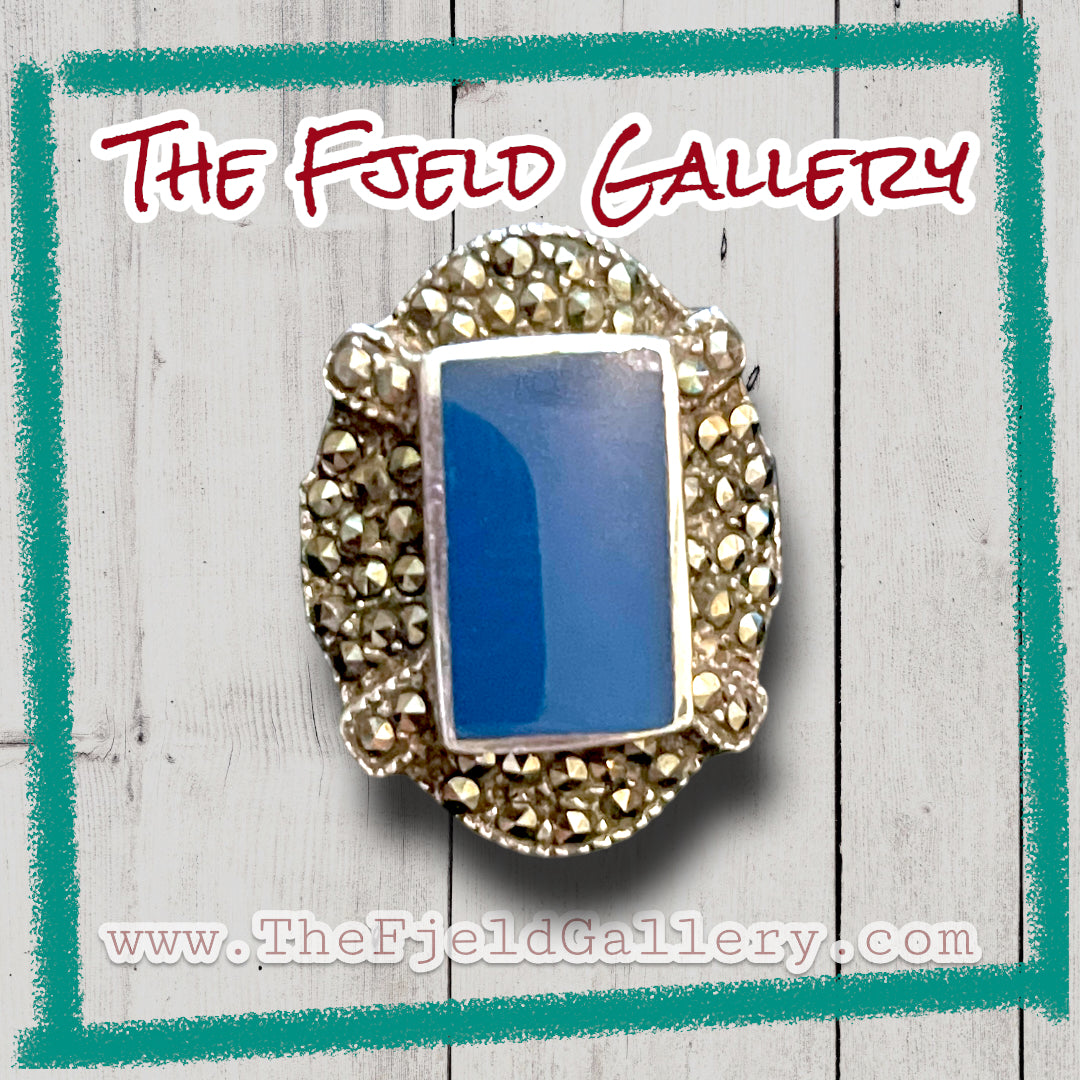 Vintage Art Deco Blue Chalcedony & Marcasite Sterling Silver Ring