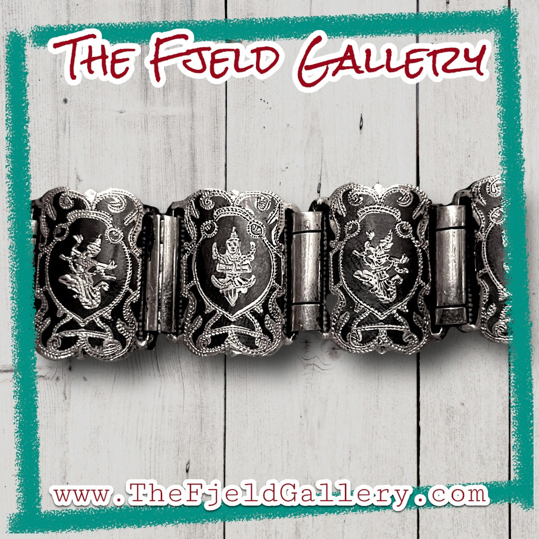 Siam Sterling Silver Nielloware Vintage Gods & Goddess Black Enamel Vintage Panel Bracelet