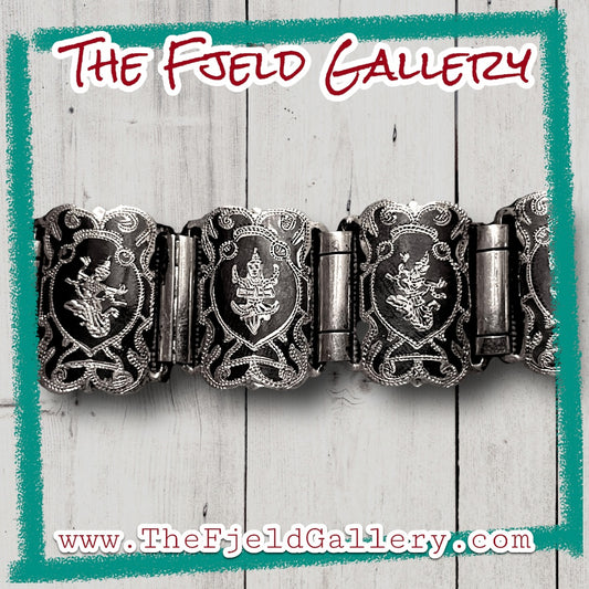 Siam Sterling Silver Nielloware Vintage Gods & Goddess Black Enamel Vintage Panel Bracelet