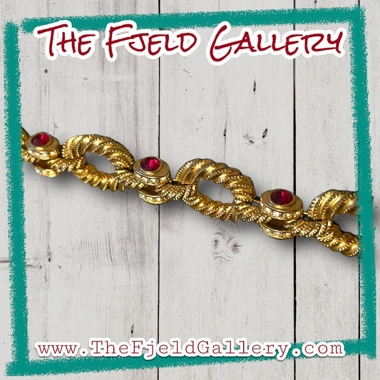 Hollywood Regency Gold Link Bracelet with Ruby Red & Crystal Rhinestones