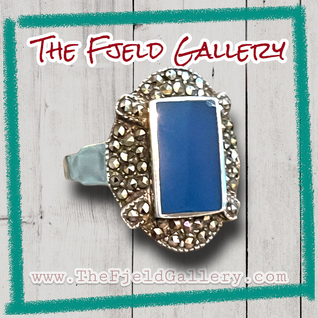 Vintage Art Deco Blue Chalcedony & Marcasite Sterling Silver Ring