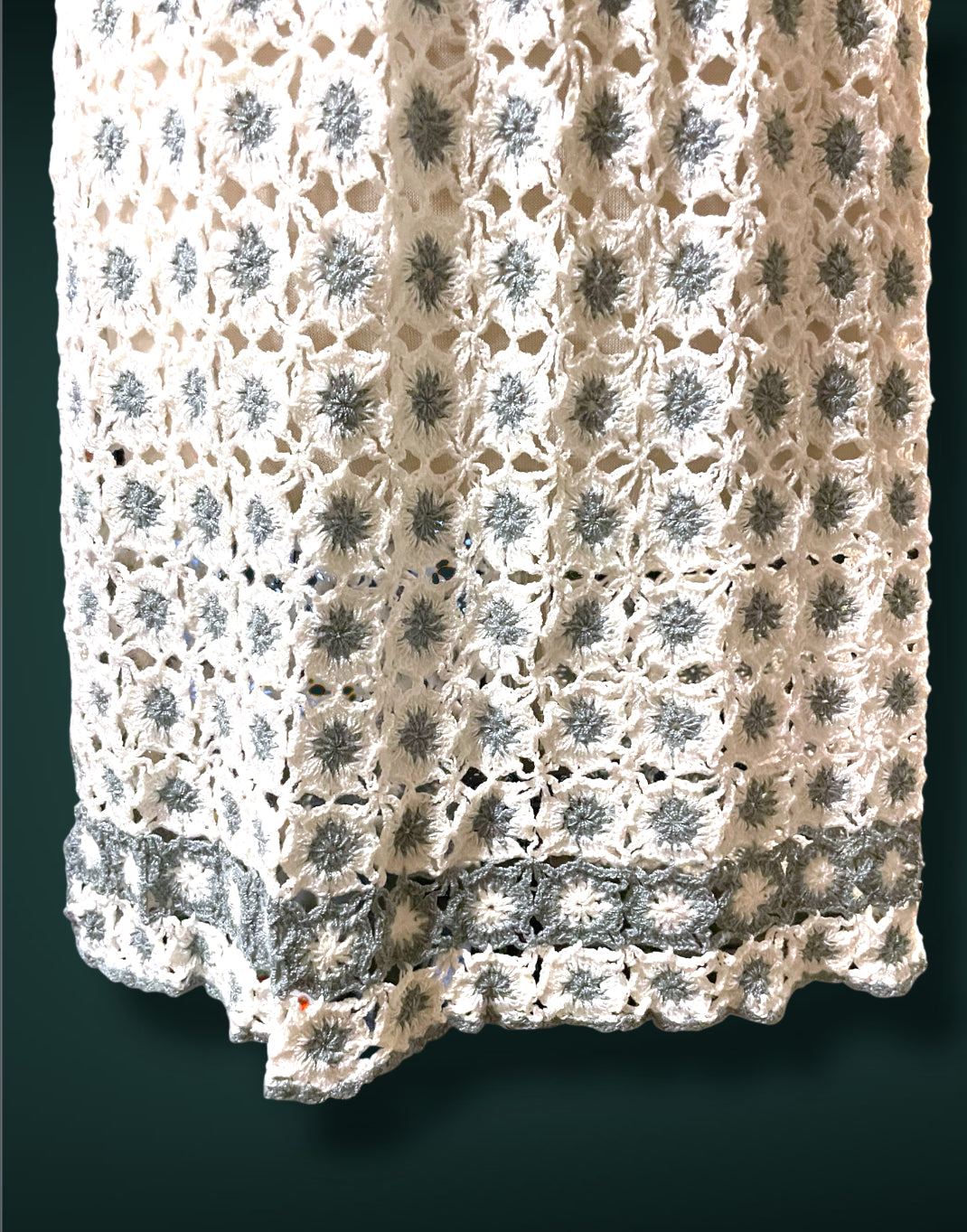 1970’s Vintage White & Gray Crochet Knit Floral Bow Waist Dress