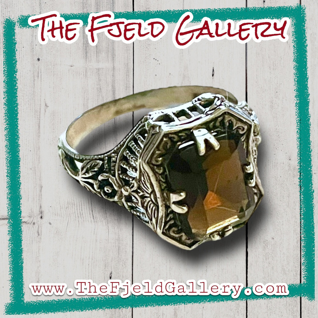Brown Smokey Topaz Sterling Silver Victorian Filigree Ring