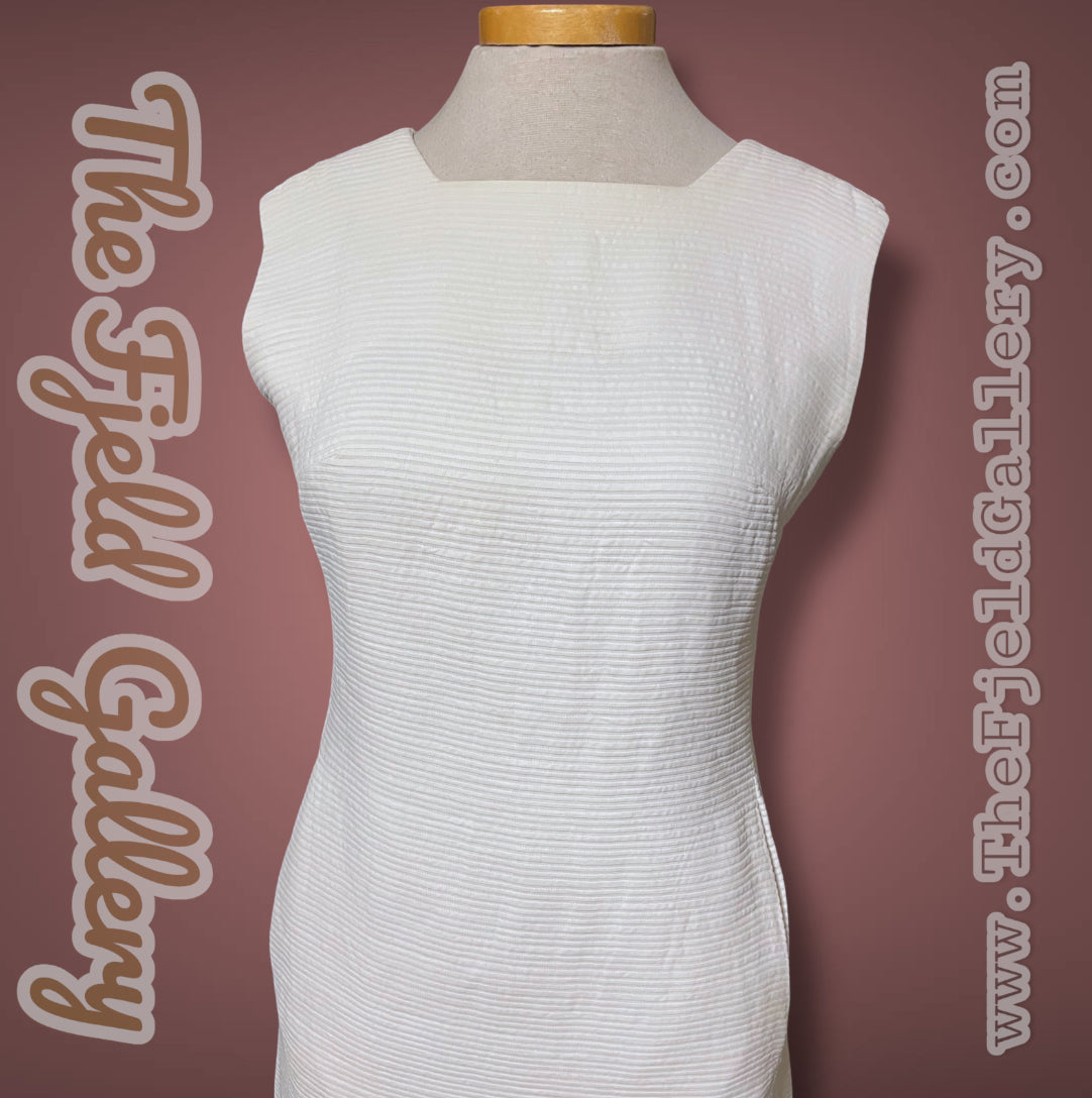 1960’s White Ribbed Texture Square Neck Pockets Sheath Dress