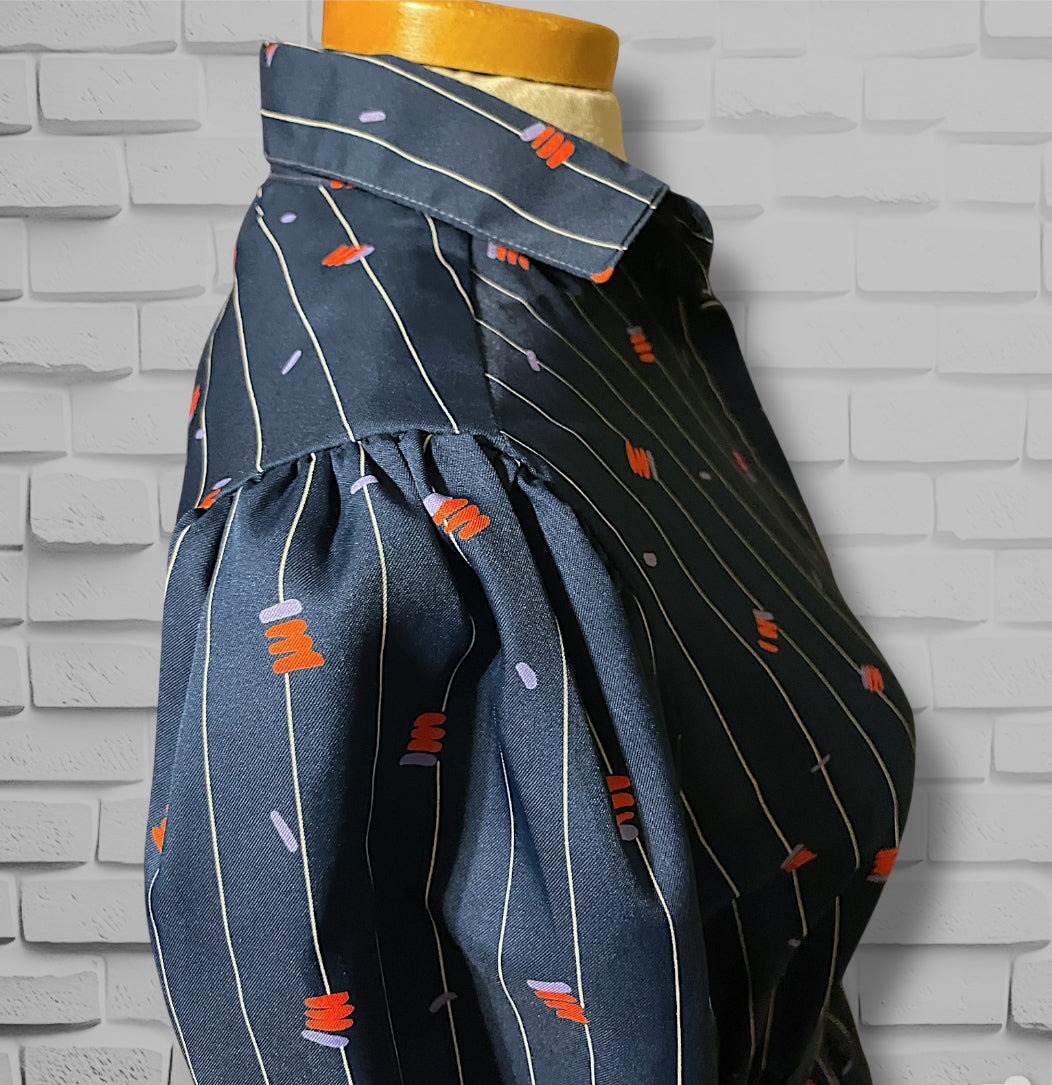 1970’s Navy Blue Pinstripe, Red & Purple Pattern Long-sleeve Pocket Belted Dress