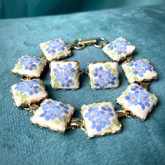 Vintage Blue Forget Me Not Flower Hand Painted Porcelain Limoge Panel Link Bracelet & Earring Demi Parure