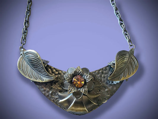 Art Nouveau Hand Hammered Brass & Citrine Crystal Chevron Choker Necklace