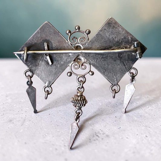Etruscan Sterling Silver Filigree Hollow-work Dangle Brooch