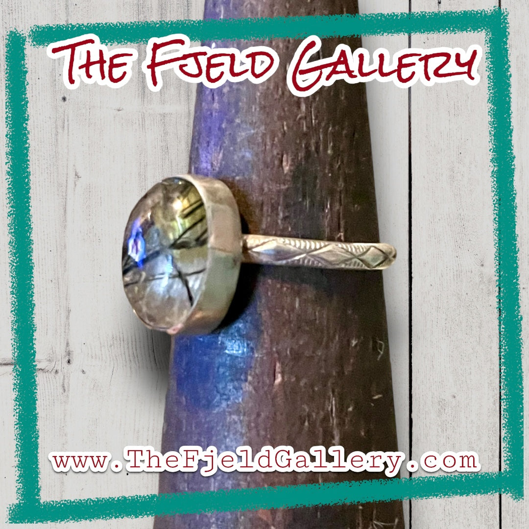 Handmade Rutile Gold & Black Quartz Sterling Ring