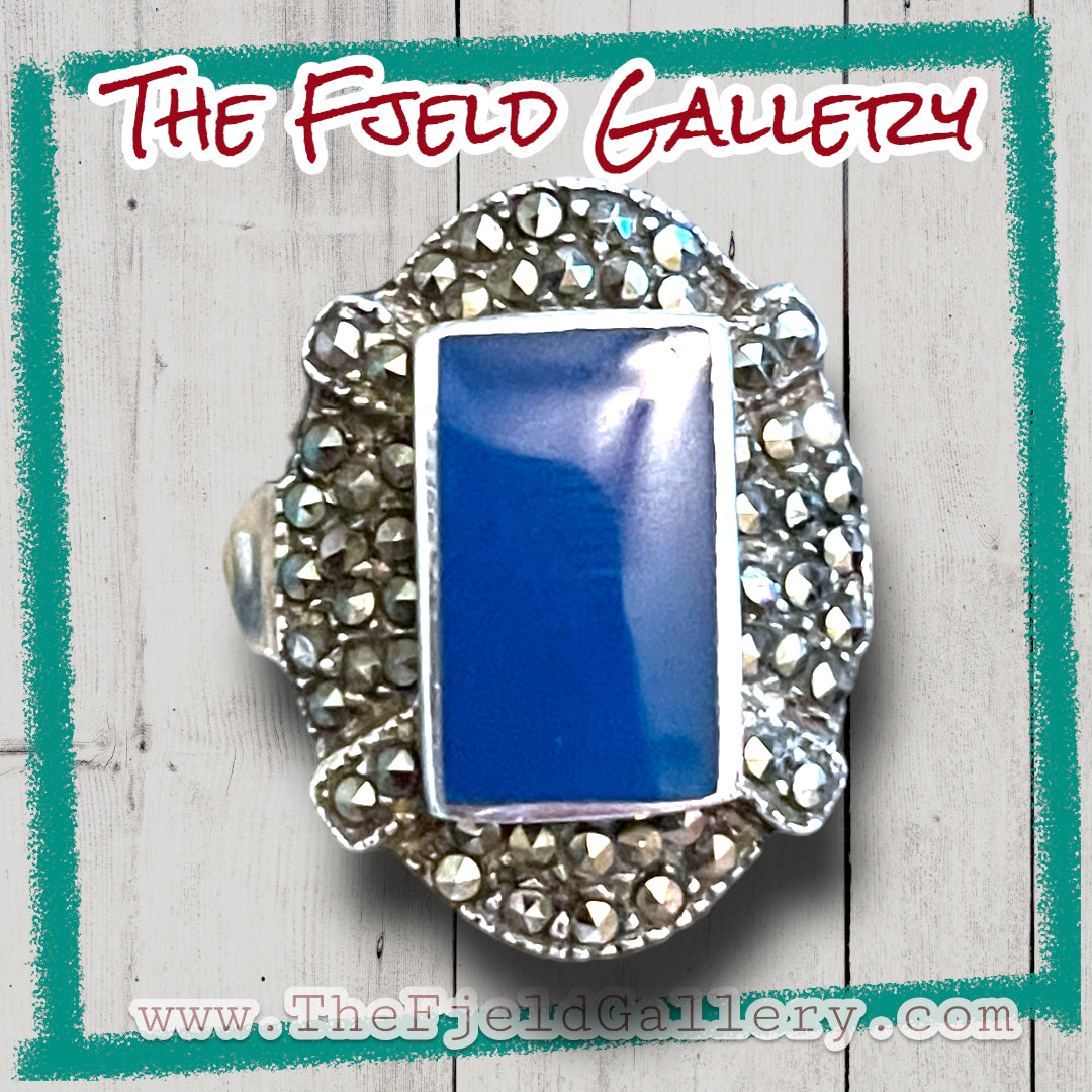 Vintage Art Deco Blue Chalcedony & Marcasite Sterling Silver Ring