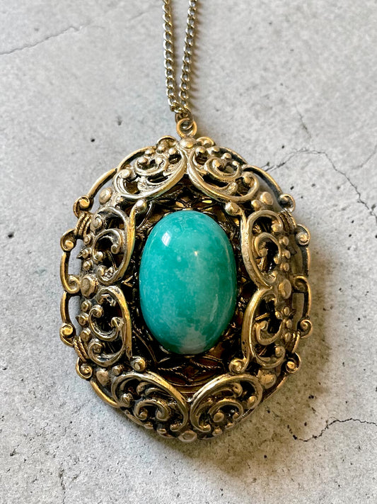 Art Nouveau Amazonite Brass Ornate Flourish Filigree Pendant Necklace