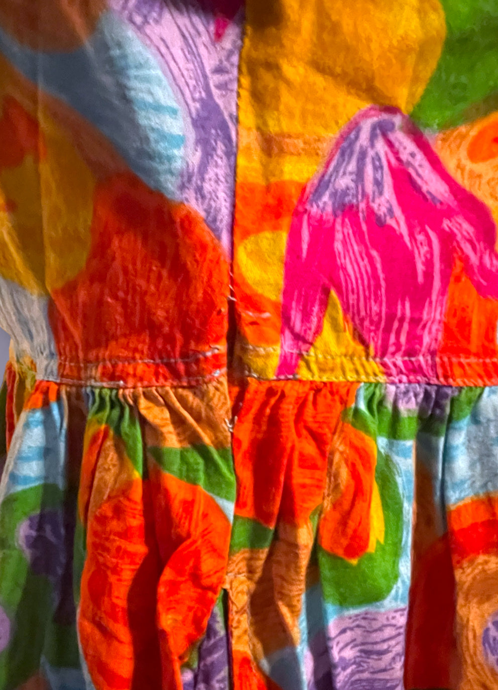 1990’s Bright Rainbow Flower & Fruit Pattern Button Bust Pocket Dress