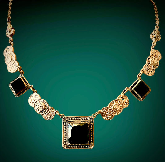 Victorian Rococo Geometric Gilded Brass Black Jet Art Glass Necklace