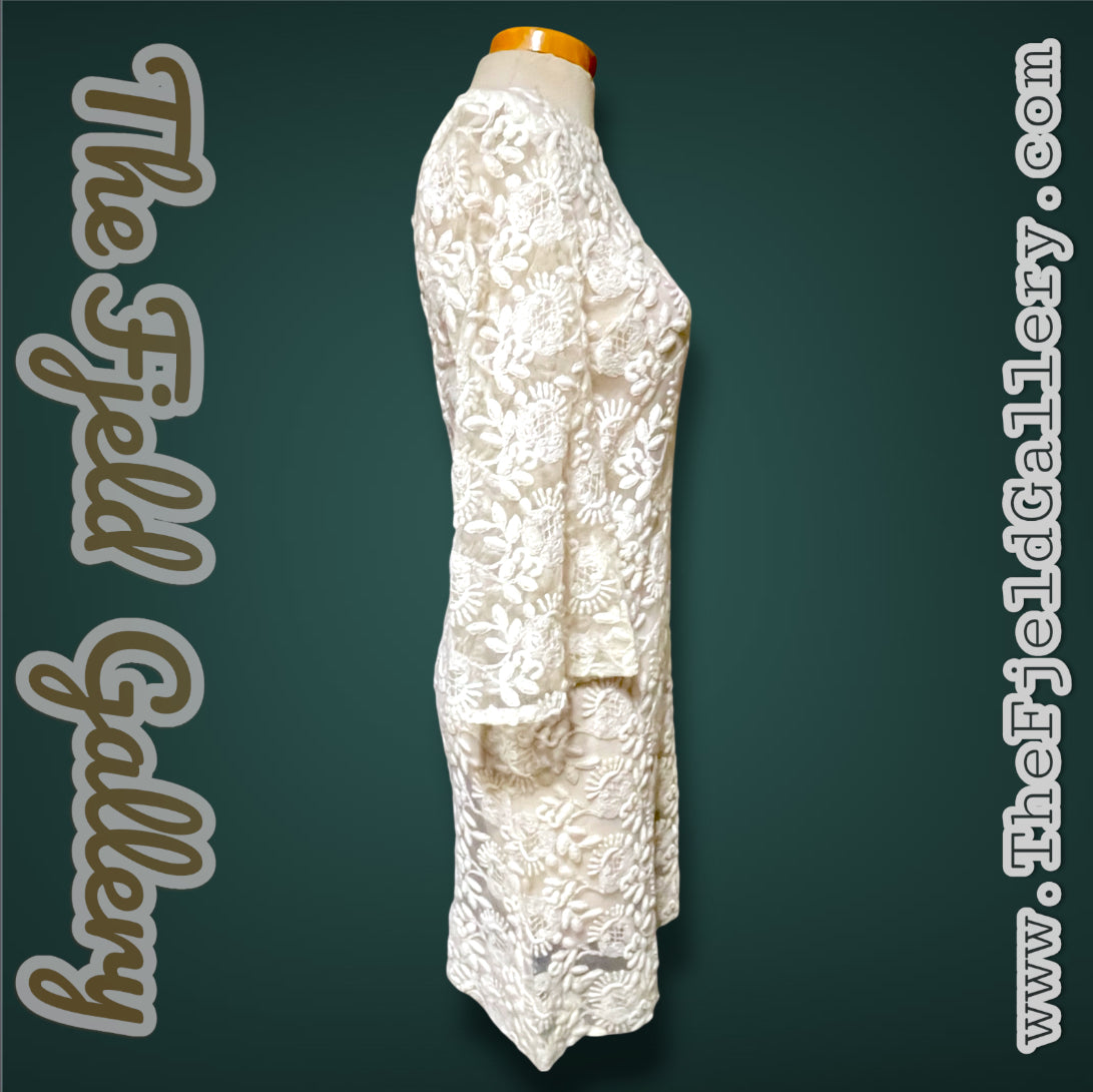 1960’s Embroidered Ivory Lace Mod Short Dress with Bell Bottom Sleeves
