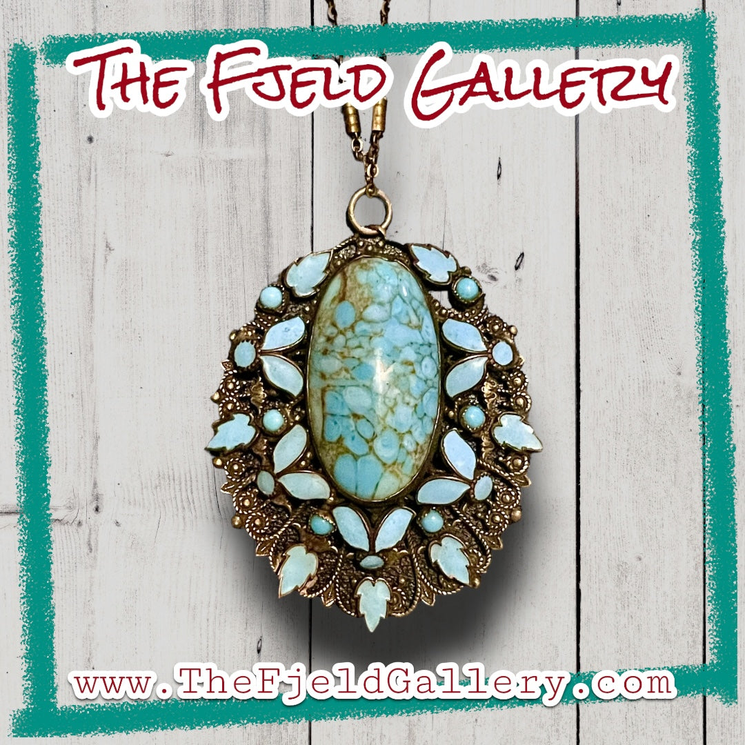 Czechoslovakian Blue Hubble Art Glass & Enamel Brass Filigree Necklace