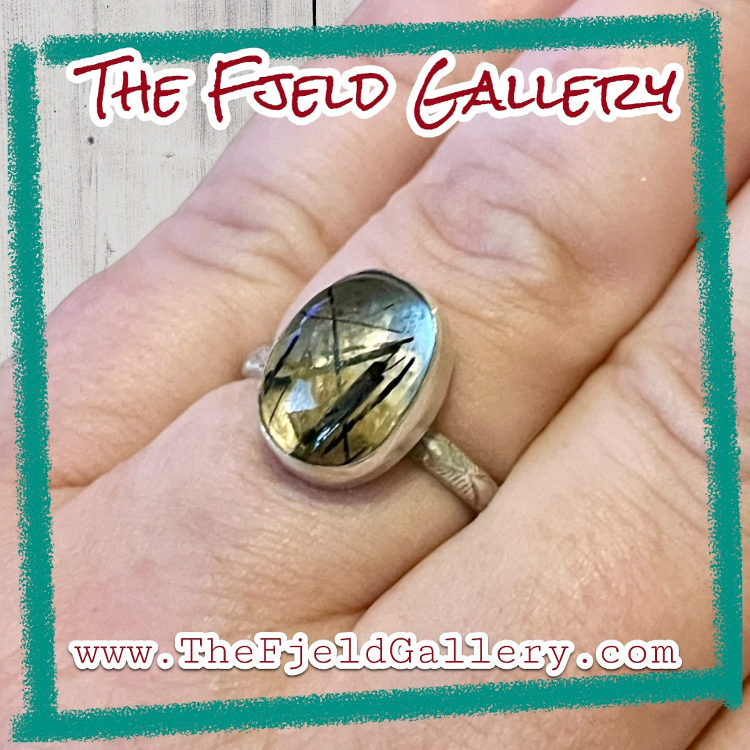Handmade Rutile Gold & Black Quartz Sterling Ring