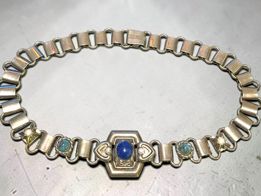Victorian Chunky Silver Book-link Chain, Blue Lapis & Turquoise Art Glass & Crystal Rhinestone Collar Necklace