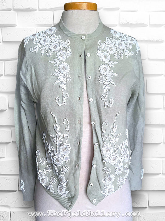 Gorgeous Vintage Seed Beaded Flower Design Grey Cardigan Sweater with Crystal Buttons & Red Silk Accent Lining