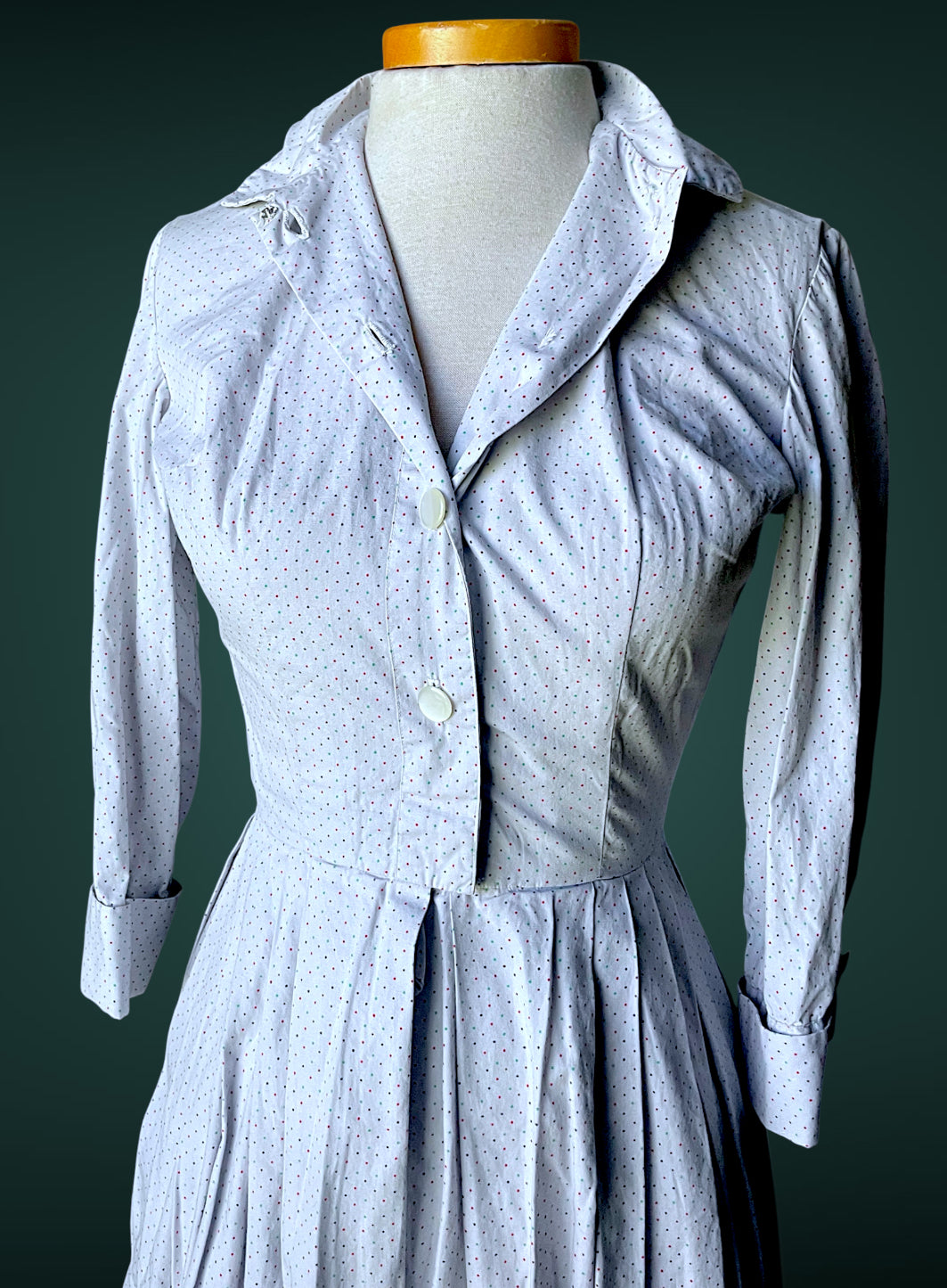 1960 A-Line Red, Blue & Green Polka Dot Button up Shirt Full Skirt Pocket Dress