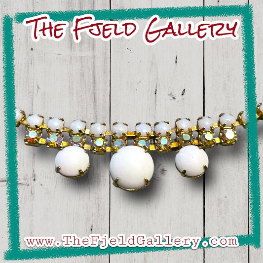 Vintage Milk Glass & Aurora Borealis (AB) Crystal Rhinestone Choker Necklace