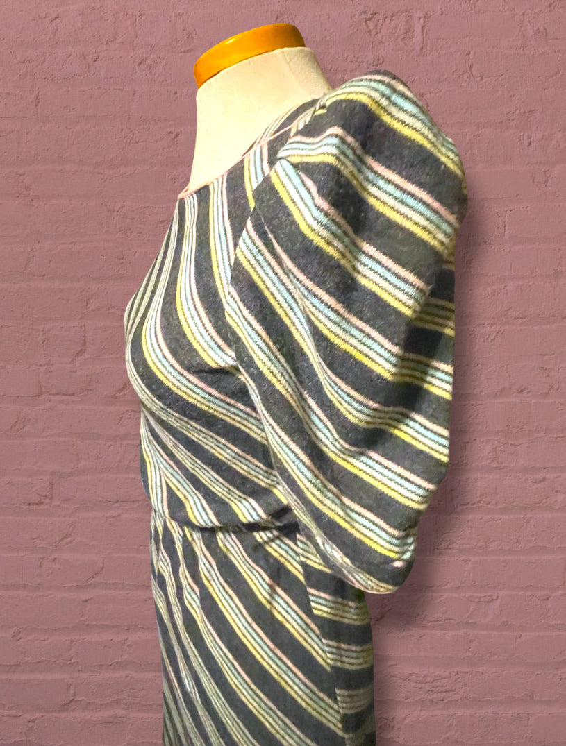 Vintage 1980’s Knit Grey & Pastel Pink, Blue, & Yellow Striped Dress