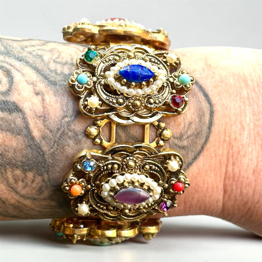 Ornate Victorian Bookchain Gold Brass Filigree Openwork Designer Crystal, Art Glass & Pearl Bracelet & Earring Demi Parure