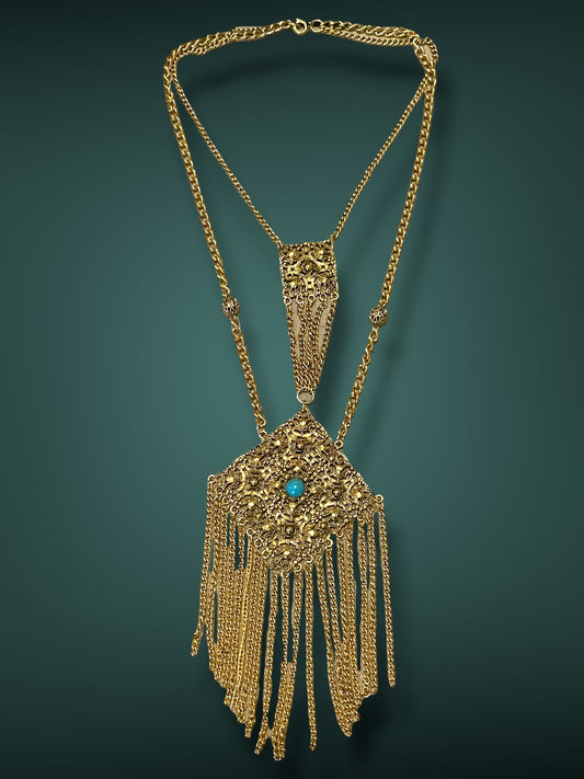 Art Nouveau Czech Gold Filigree Chestplate Turquoise Chain Dangle Festoon Necklace