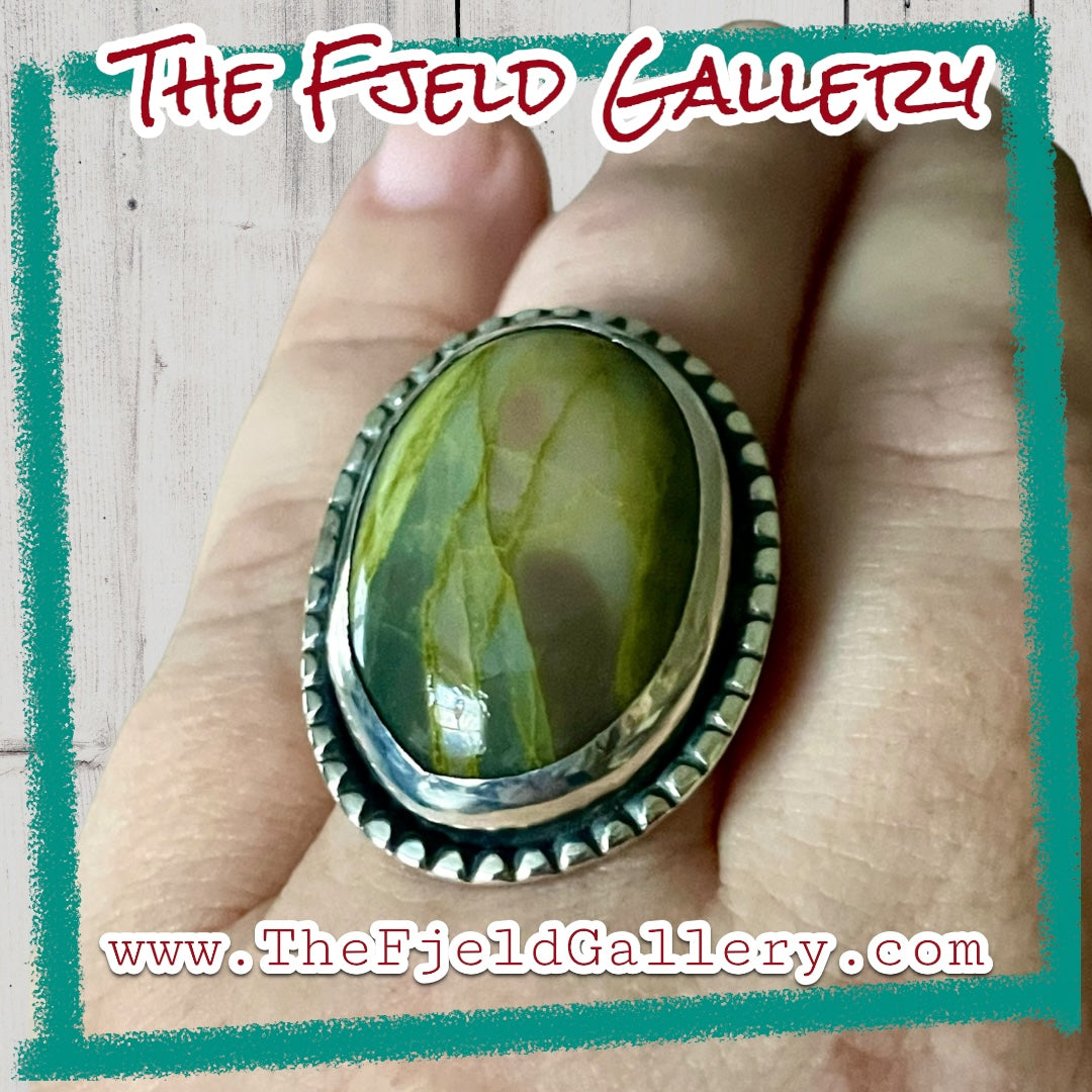 Handmade Serpentine Gemstone Cabochon Sterling Silver Ring