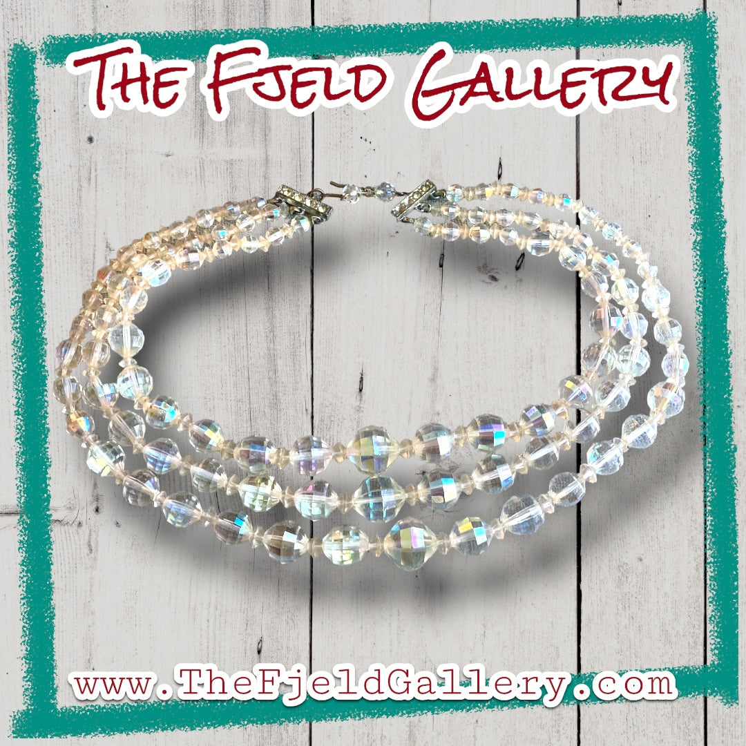 1950’s Hollywood Regency Aurora Borealis Crystal 3 Strand Necklace & Earring Set