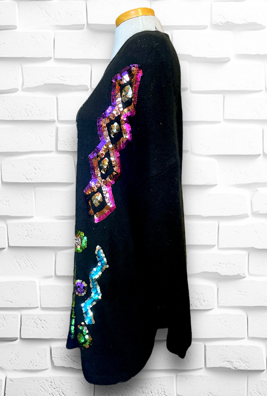 1980’s Rainbow Sequin Silk, Angora, Wool Oversized Black Sweater
