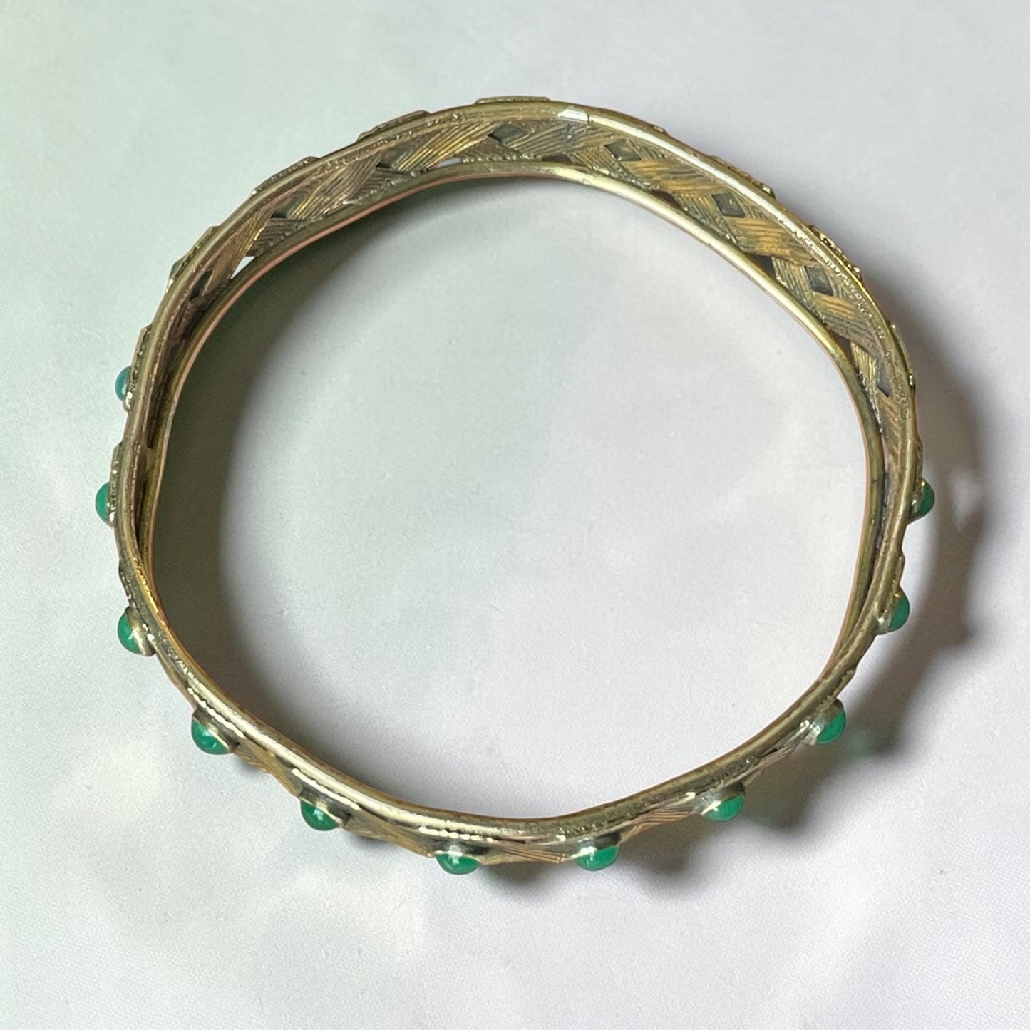 Edwardian Chrysoprase Gemstone Brass Bangle Bracelet