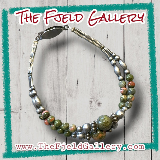 Unakite Gemstone Bead Liquid Sterling Silver Native American Bracelet