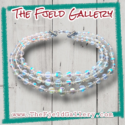 1950’s Hollywood Regency Aurora Borealis Crystal 3 Strand Necklace & Earring Set