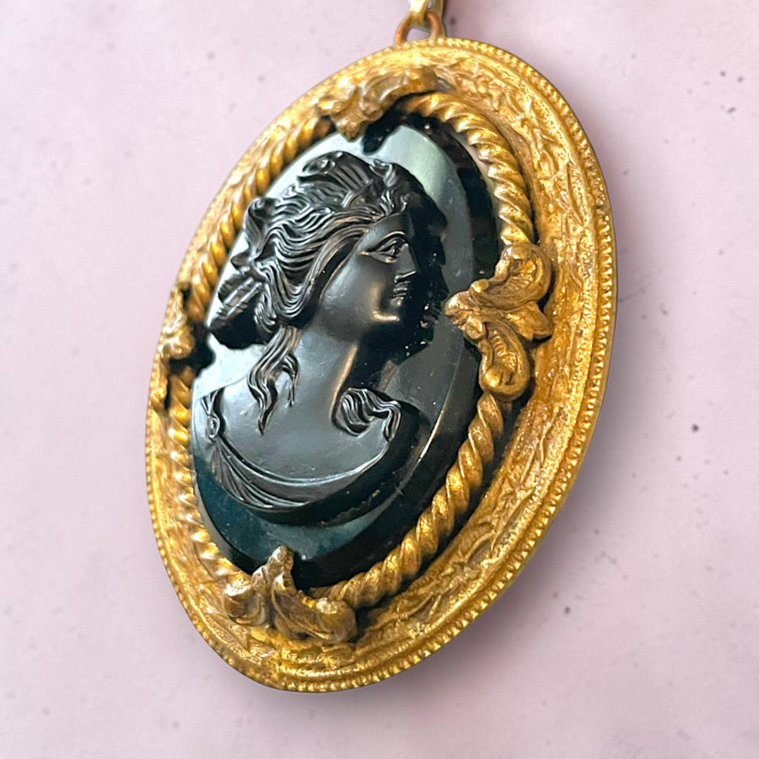 Victorian Gothic Black Art Glass Mourning Cameo Prong Set Pendant Necklace