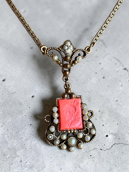 Victorian Coral Intaglio Roman Soldier Cameo & Pearls Brass Necklace