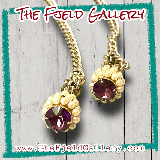 Hollywood Regency Purple Art Glass & Pearl Gold Chain Lariat Necklace