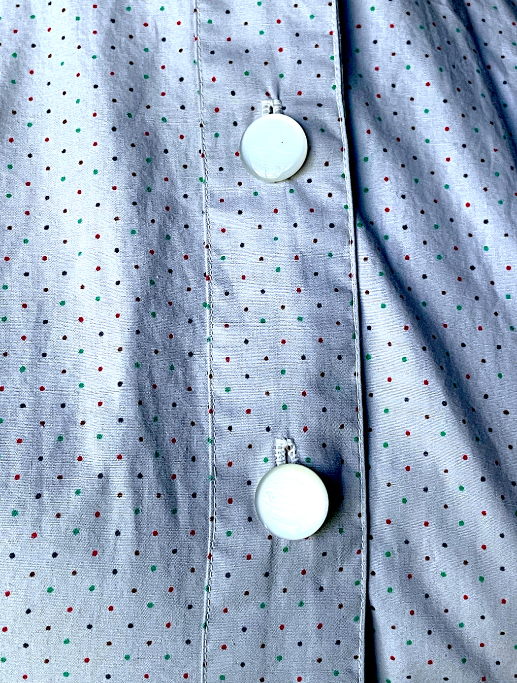 1960 A-Line Red, Blue & Green Polka Dot Button up Shirt Full Skirt Pocket Dress